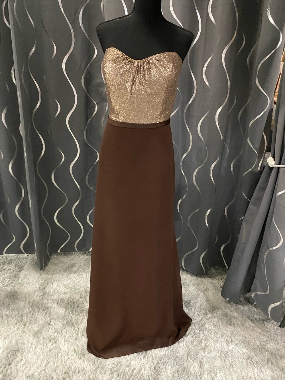 Christina Wu Espresso chiffon skirt with Bronze Sequined top gown